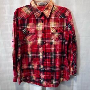 Upcycled Bleached Distressed Red Plaid Button Down Shirt Sz L